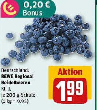 REWE Regional Heidelbeeren Kl. I, je 200-g-Schale für 1,99 €