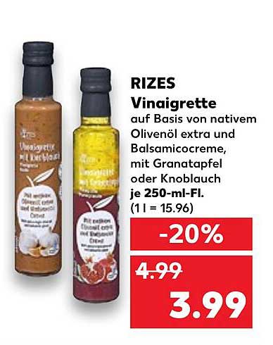 RIZES Vinaigrette auf Basis von nativem Olivenöl extra und Balsamicocreme, mit Granatapfel oder Knoblauch
