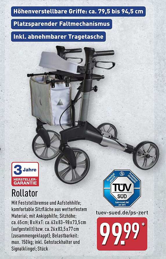 Rollator mit Feststellbremse und Aufstehhilfe