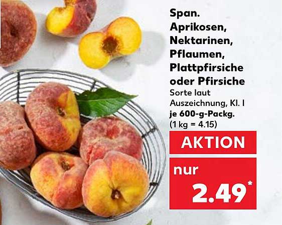 Spanische Aprikosen, Nektarinen, Pflaumen, Plattpfirsiche oder Pfirsiche je 600-g-Pack.