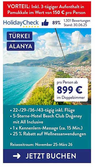 Türkei Alanya - 3-tägiger Aufenthalt im 5-Sterne-Hotel für 899 €
