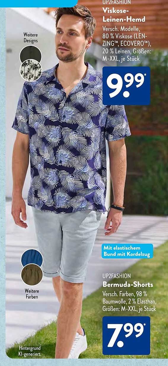 UP2FASHION Viskose-Leinen-Hemd und Bermuda-Shorts