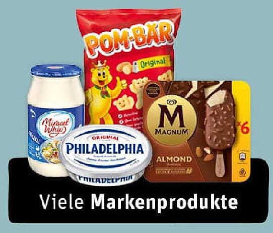 Viele Markenprodukte – Pom-Bär, Philadelphia und Magnum im Angebot
