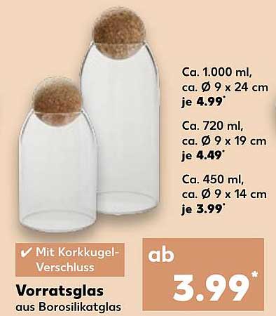 Vorratsglas aus Borosilikatglas mit Korkkugel-Verschluss