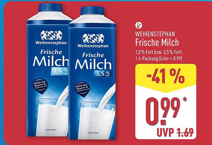 WEIHENSTEPHAN Frische Milch 1,5% Fett bzw. 3,5% Fett; 1-L-Packung (Liter = 0,99)
