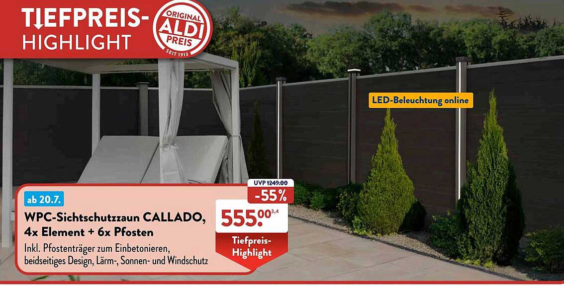 WPC-Sichtschutzzaun CALLADO, 4x Elemente + 6x Pfosten