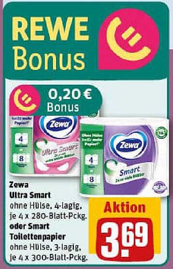 Zewa Ultra Smart Toilettenpapier – 4-lagig, 280 Blatt und Zewa Smart Toilettenpapier – 3-lagig, 300 Blatt