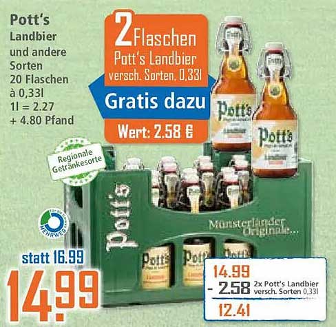 2 Flaschen Pott's Landbier versch. Sorten, 0,33l Gratis dazu