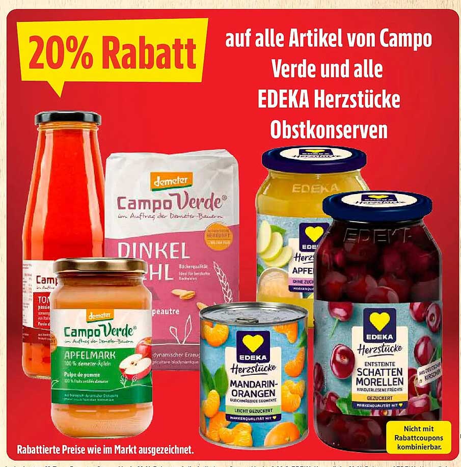 20% Rabatt auf alle Artikel von Campo Verde und alle EDEKA Herzstücke Obstkonserven