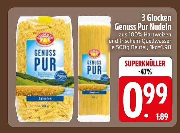 3 Glocken Genuss Pur Nudeln aus 100% Hartweizen und frischem Quellwasser je 500g Beutel, 1kg=1.98
