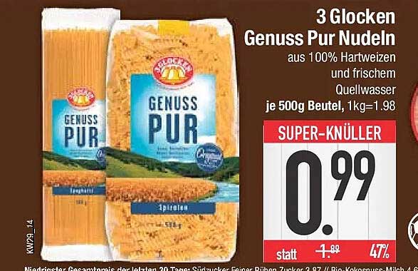3 Glocken Genuss Pur Nudeln aus 100% Hartweizen und frischem Quellwasser je 500g Beutel, 1kg=1.98
