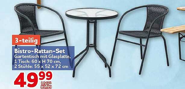 3-teilig Bistro-Rattan-Set Gartentisch mit Glasplatte, 1 Tisch: 60 x 70 cm, 2 Stühle: 55 x 52 x 72 cm