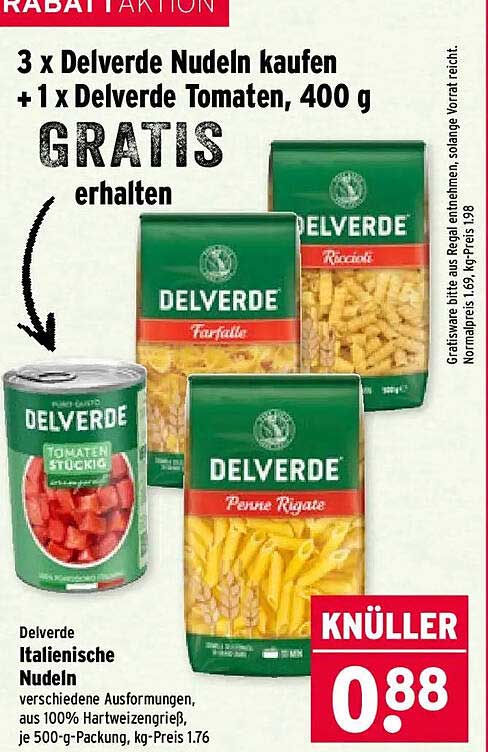 3 x Delverde Nudeln kaufen + 1 x Delverde Tomaten, 400 g GRATIS erhalten
