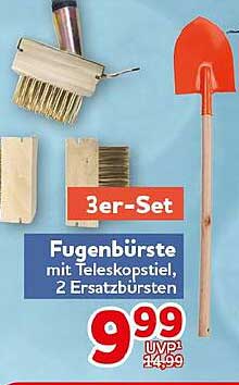 3er-Set Fugenbürste mit Teleskopstiel, 2 Ersatzbürsten