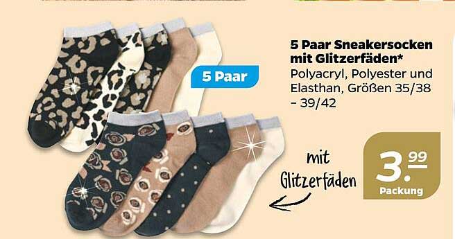 5 Paar Sneakersocken mit Glitzerfäden