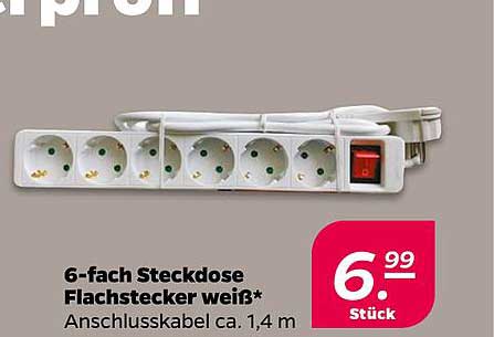 6-fach Steckdose Flachstecker weiß* Anschlusskabel ca. 1,4 m