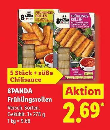 8PANDA Frühlingsrollen Versch. Sorten. Gekühlt. Je 278 g 1 kg = 9.68