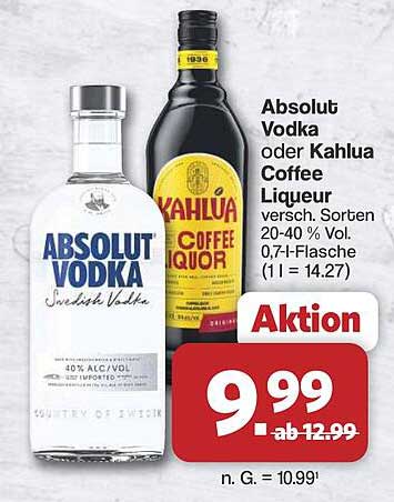 Absolut Vodka oder Kahlua Coffee Liqueur versch. Sorten 20-40 % Vol. 0,7-l-Flasche (1 l = 14.27)