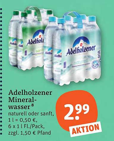 Adelholzener Mineralwasser 8 natürlich oder sanft, 1 l = 0,50 €, 6 x 1 l Fl./Pack., zzgl. 1,50 € Pfand