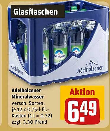 Adelholzener Mineralwasser versch. Sorten, je 12 x 0,75-l-Fl.-Kasten (1 l = 0.72) zzgl. 3.30 Pfand