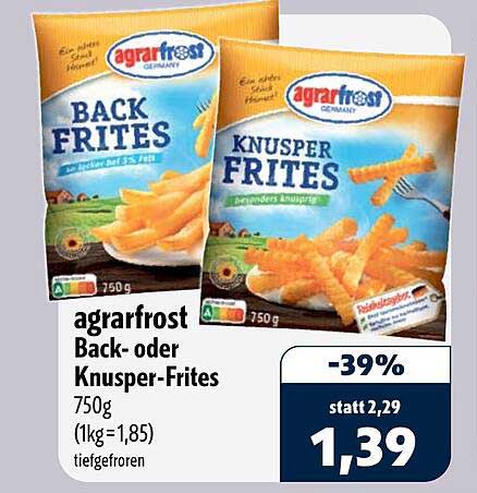 agrarfrost Back- oder Knusper-Frites 750g (1kg=1,85) tiefgefroren