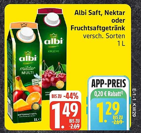 Albi Saft, Nektar oder Fruchtsaftgetränk versch. Sorten 1 l
