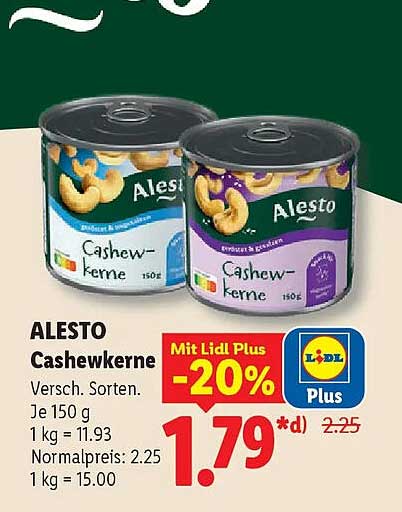 ALESTO Cashewkerne Versch. Sorten. 150 g