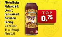 Alkoholfreies Malzgetränk „Kvas“, pasteurisiert. Natürliche Gärung, 500 ml Dose, 1 L = 1,50 zł, Pfand 0,25
