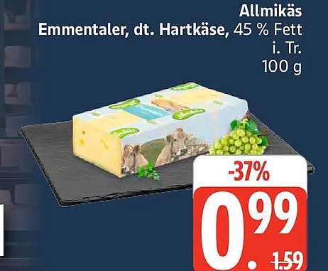 Allmikäss Emmentaler, dt. Hartkäse, 45 % Fett i. Tr. 100 g
