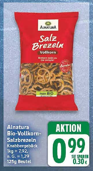 Alnatura Bio-Vollkorn-Salzbrezeln Knabbergeback 1kg = 7,92, n. G. = 1,29 125g Beutel