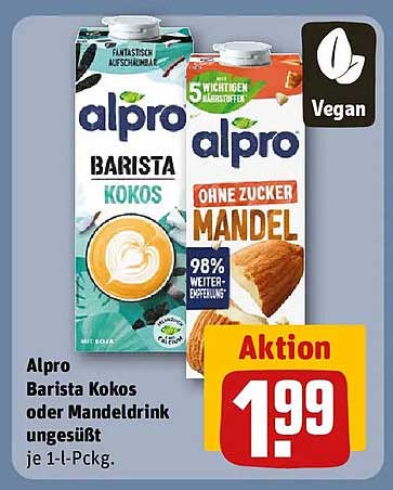 Alpro Barista Kokos oder Mandeldrink ungesüßt je 1-l-Pckg.