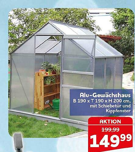 Alu-Gewächshaus B 190 x T 190 x H 200 cm, mit Schiebetür und Kippfenster