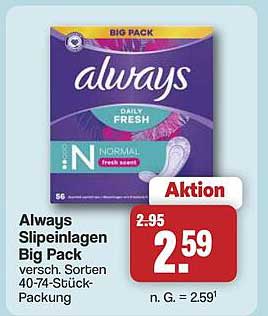 Always Slipeinlagen Big Pack versch. Sorten 40-74-Stück-Packung