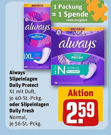 Always Slipeinlagen Daily Protect XL mit Duft, je 40-St.-Pckg. oder Slipeinlagen Daily Fresh Normal, je 56-St.-Pckg.