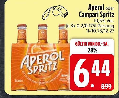 Aperol oder Campari Spritz 10,5% Vol. je 3x 0,2/0,175l Packung 1l=10.73/12.27