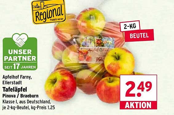 Apfelhof Farny, Ellerstadt Tafeläpfel Pinova / Braeburn Klasse I, aus Deutschland, je 2-kg-Beutel, kg-Preis 1.25