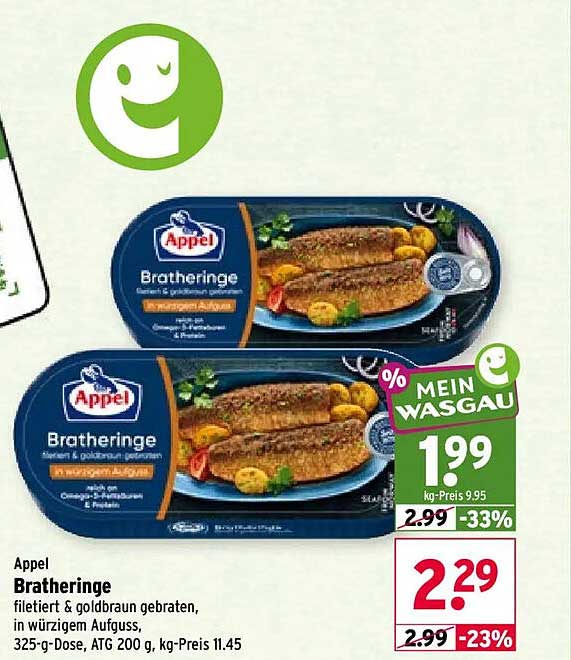 Appel Bratheringe filetiert & goldbraun gebraten, in würzigem Aufguss, 325-g-Dose, ATG 200 g, kg-Preis 11.45