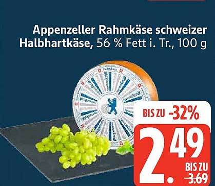 Appenzeller Rahmkäse schweizer Halbhartkäse, 56 % Fett i. Tr., 100 g