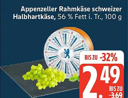 Appenzeller Rahmkäse schweizer Halbhartkäse, 56 % Fett i. Tr., 100 g
