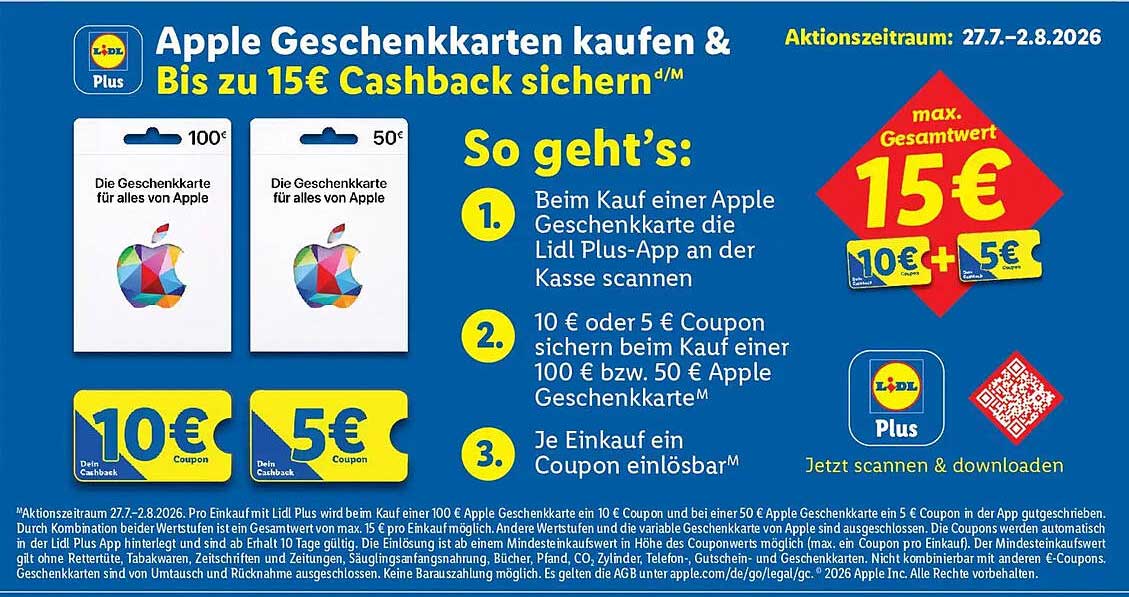 Apple Geschenkkarten kaufen & Bis zu 15€ Cashback sichern