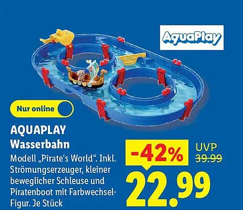 AQUAPLAY Wasserbahn Modell „Pirate´s World“. Inkl. Strömungserzeuger, kleiner beweglicher Schleuse und Piratenboot mit Farbwechsel-Figur. Je Stück