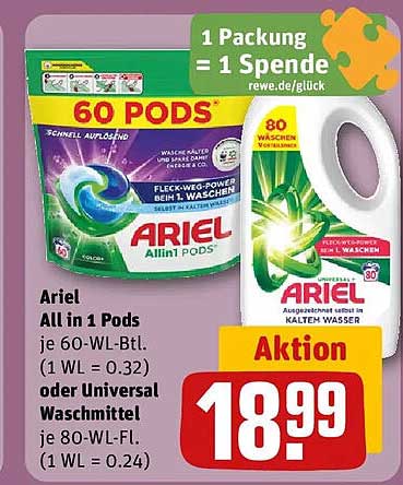 Ariel All in 1 Pods je 60-WL-Btl. oder Universal Waschmittel je 80-WL-Fl.