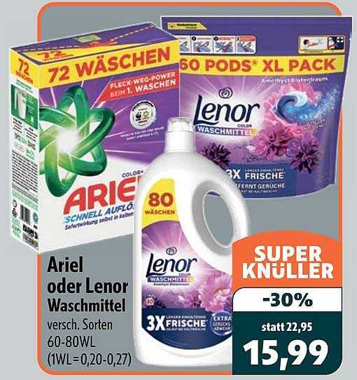 Ariel oder Lenor Waschmittel versch. Sorten 60-80WL (1WL=0,20-0,27)