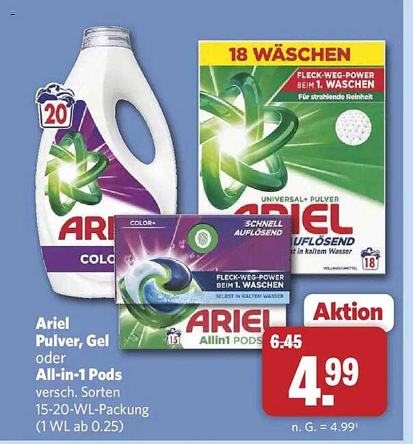 Ariel Pulver, Gel oder All-in-1 Pods versch. Sorten 15-20-WL-Packung (1 WL ab 0.25)