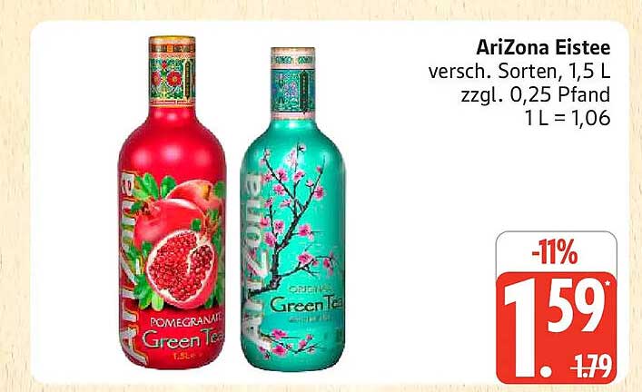 AriZona Eistee versch. Sorten, 1,5 L zzgl. 0,25 Pfand 1 L = 1,06