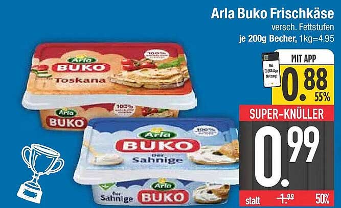Arla Buko Frischkäse versch. Fettstufen je 200g Becher; 1kg=4.95