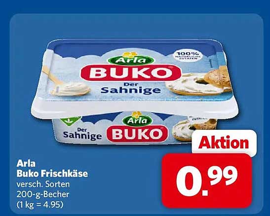 Arla Buko Frischkäse versch. Sorten 200-g-Becher (1 kg = 4.95)