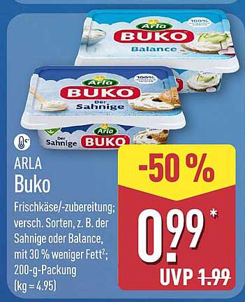 ARLA Buko Frischkäse/-zubereitung; versch. Sorten, z. B. der Sahnige oder Balance, mit 30 % weniger Fett; 200-g-Packung (kg = 4.95)