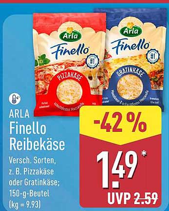 ARLA Finello Reibekäse Versch. Sorten, z. B. Pizzakäse oder Gratinkäse; 150-g-Beutel (kg = 9.93)