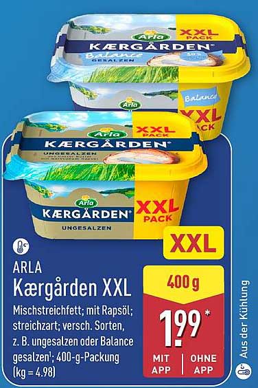 ARLA Kærgården XXL Mischstreichfett; mit Rapsöl; streichzart; versch. Sorten, z. B. ungesalzen oder Balance gesalzen; 400-g-Packung (kg=4,98)